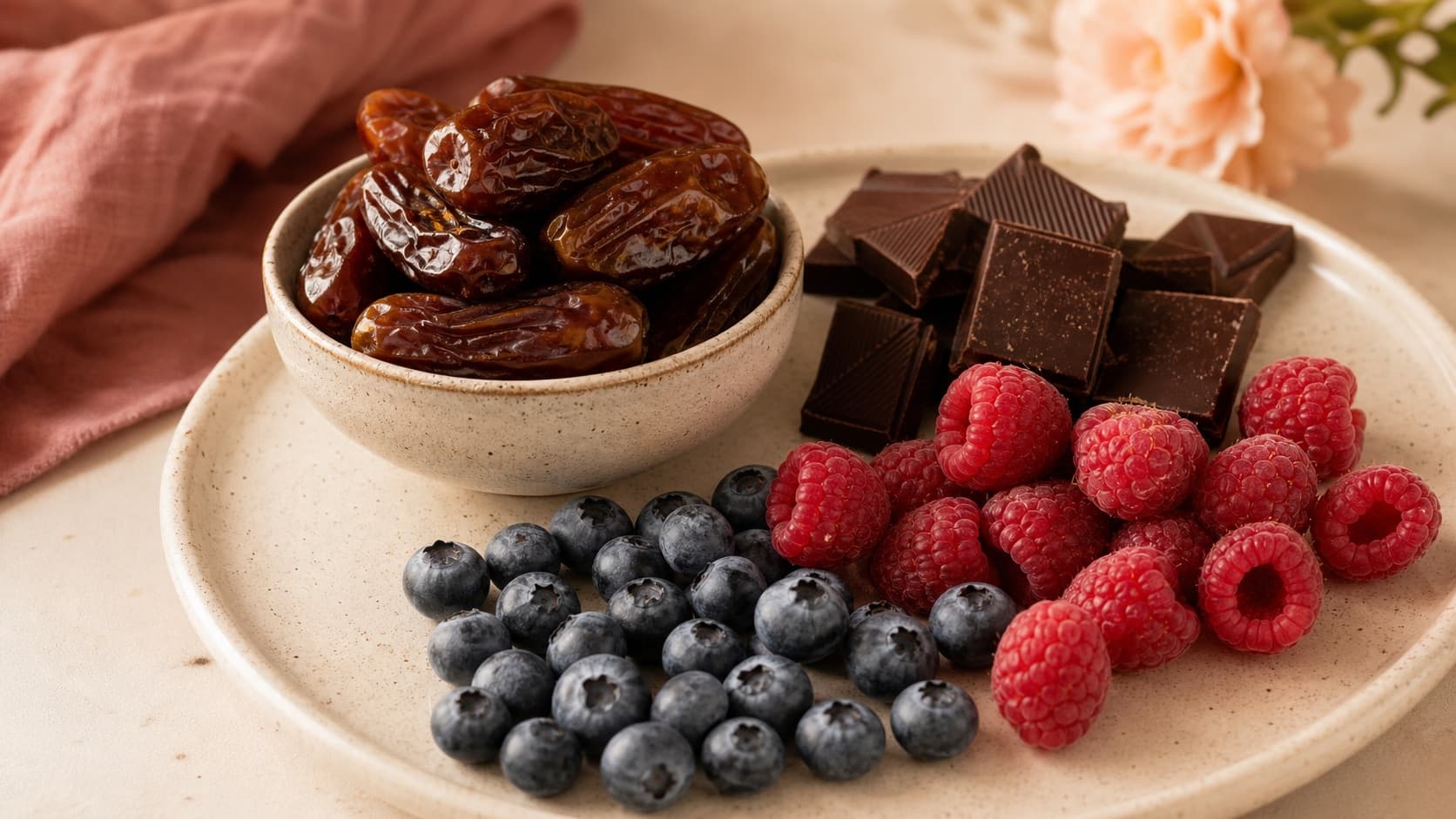 Tazón con dátiles, chocolate oscuro y frutos rojos como alternativas dulces saludables.