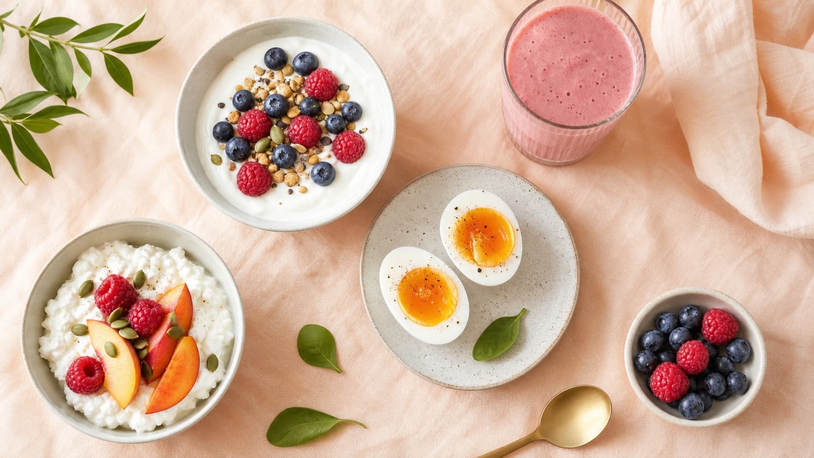 Varios desayunos altos en proteína vistos desde arriba sobre mantel claro.