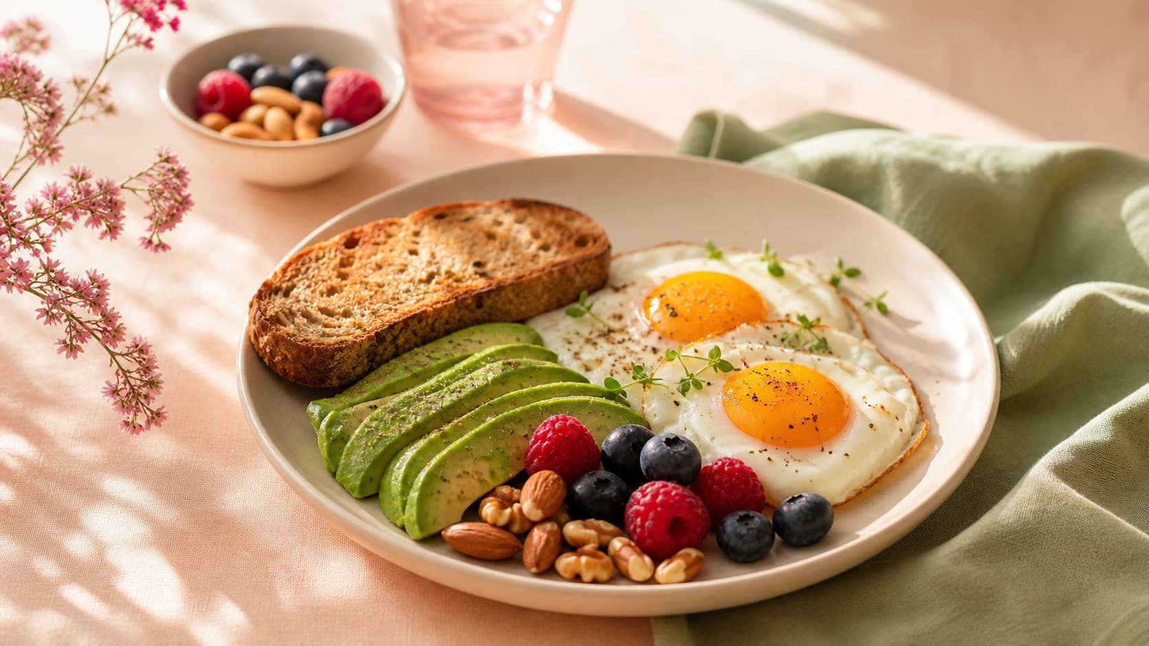 Desayuno equilibrado con huevo, aguacate, pan integral y frutos rojos sobre una mesa clara.