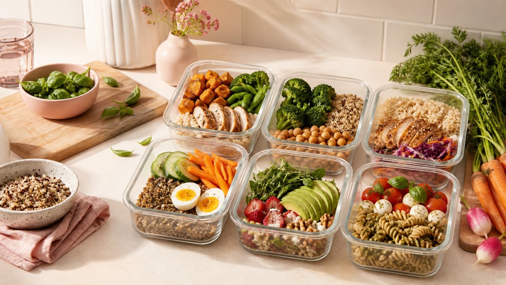 Recipientes con comidas equilibradas y verduras frescas sobre una barra de cocina clara.